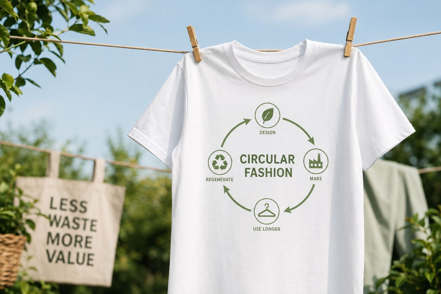White t-shirt on a washing line printed with a circular-fashion cycle: design, make, use longer, regenerate