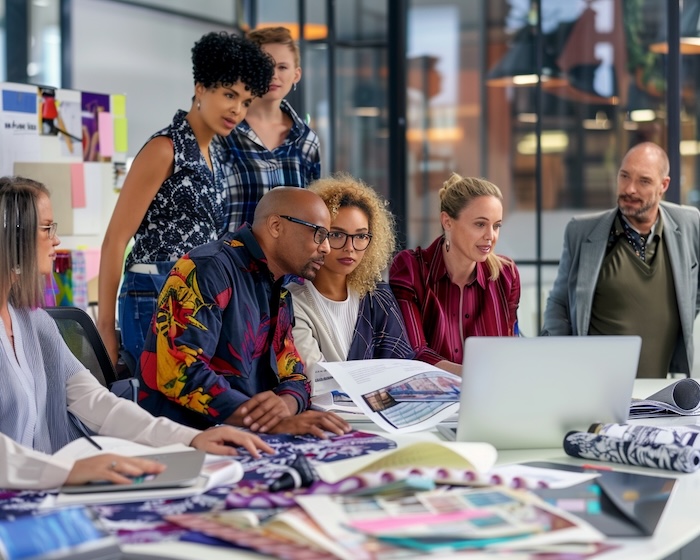 Fashion and textile professionals reviewing fabric samples and supplier data together